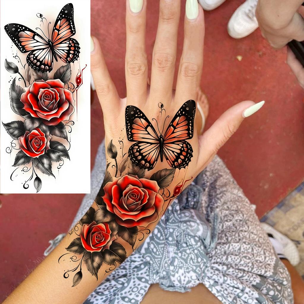 1 Sheet Colorful 3D Rose Flower Butterfly Temporary Tattoos For Women Adults Hand Foot, Waterproof Realistic Fake Tattoo Sticker