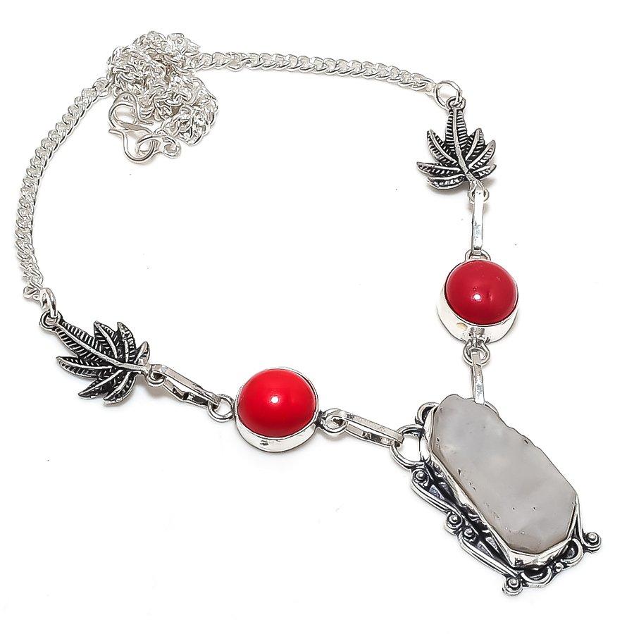 

Natural Moonstone Rough, Coral 925 Sterling Silver Jewelry Necklace 18 S8u10