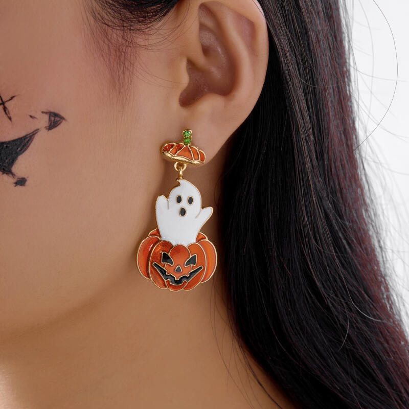 1 Pair New Halloween Earrings for Women Creative Pumpkin Head Ghost Pendant with Asymmetrical Design Studs