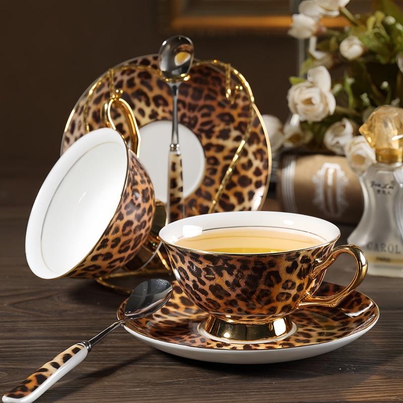 Retro Leopard Print Ceramic Coffee Cup and Dish Set Afternoon Tea Cups Breakfast Cup Water Cups Milk Mug Milk Tea Mug Teacup