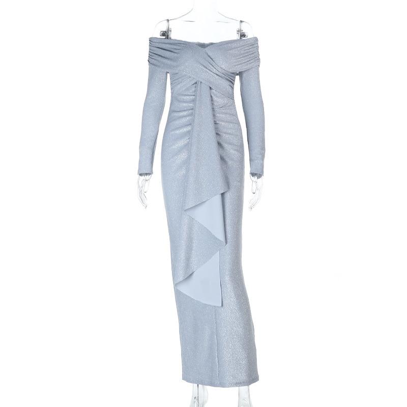 One-word Shoulder Hot Diamond Sparkling Long-sleeved Dress for Women Ins European and American New Hot Girls Sexy Long Dress