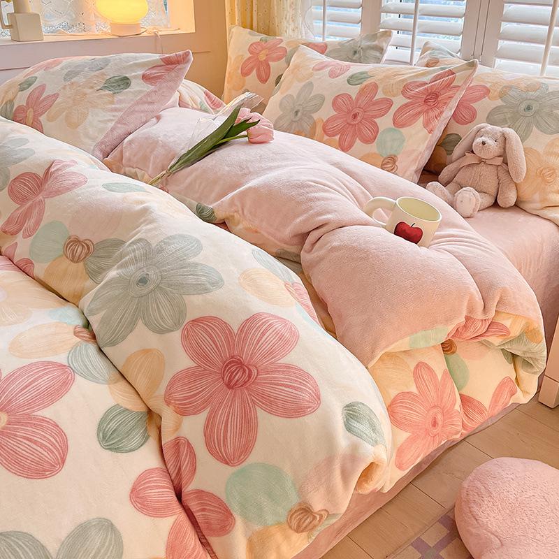 2025 Winter Milk Velvet Bedding Set: Fresh Coral Fleece & Flannel Duvet, Bed Sheet, Pillowcase