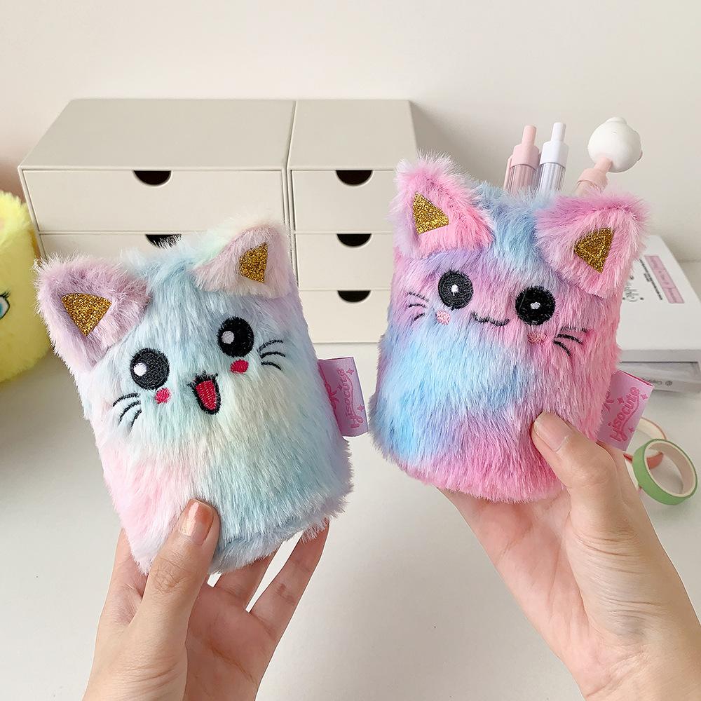 1 Piece Furry Cartoon Unicorn Pencil Holder for Kids Girl Cute Animal Kitten Puppy Sheep Desktop Organizer Makeup Brush Box