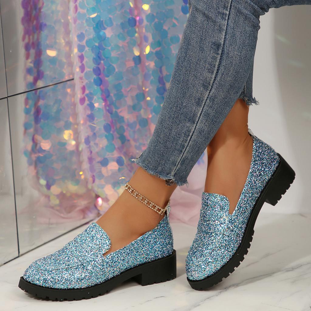Fashion 2025 spring and autumn new large size low heel single shoes female personality sequin round head slip-on women's shoes