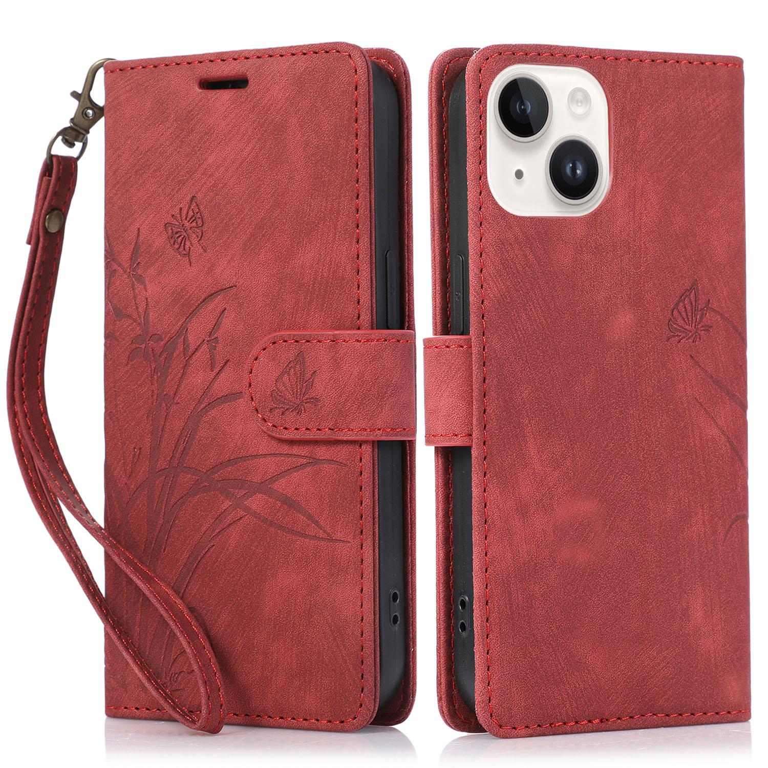 

For iPhone 13 Leather Case with Strap Wallet Stand Orchid Butterfly Pattern Red