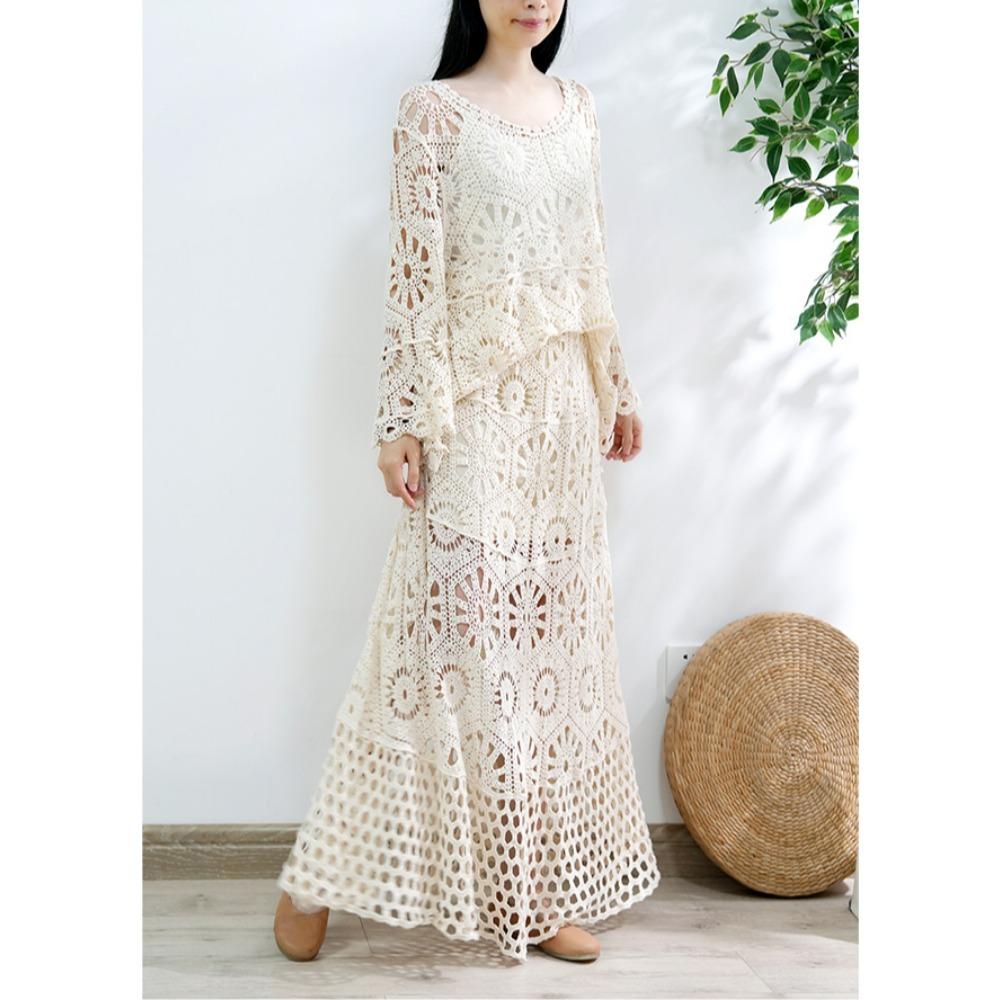DIMANAF 2025 New Skirt Suit Women  Beach Short Sleeve Lace Knitting Hollow Out Sexy O-Neck Hollow Summer Tops Tees Loose Basic