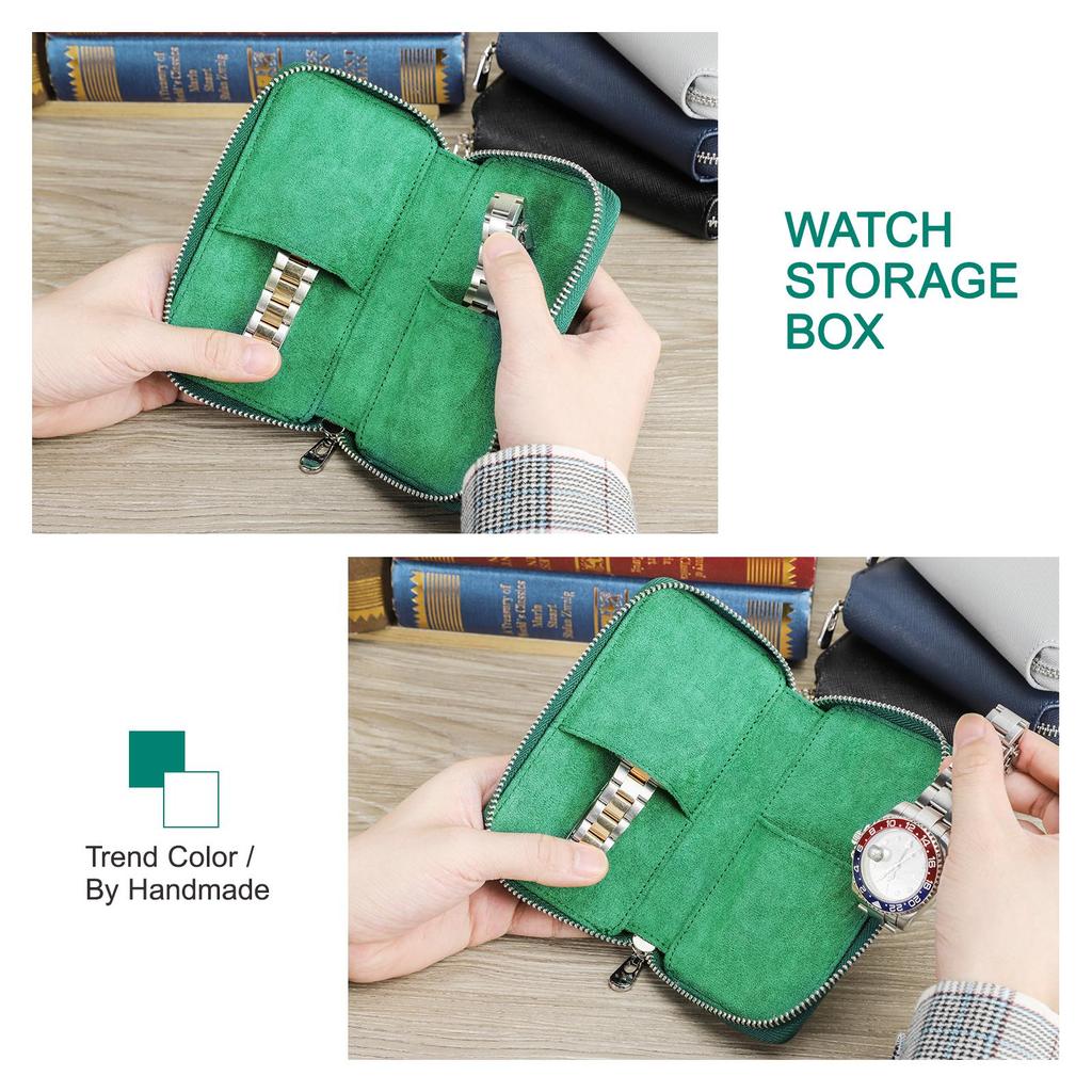 Handmade Genuine Leather 2 Slots Watch Case for Women Zipper Men Watch Storage Pouch Watch Collection Display Box Travel Watch Bags