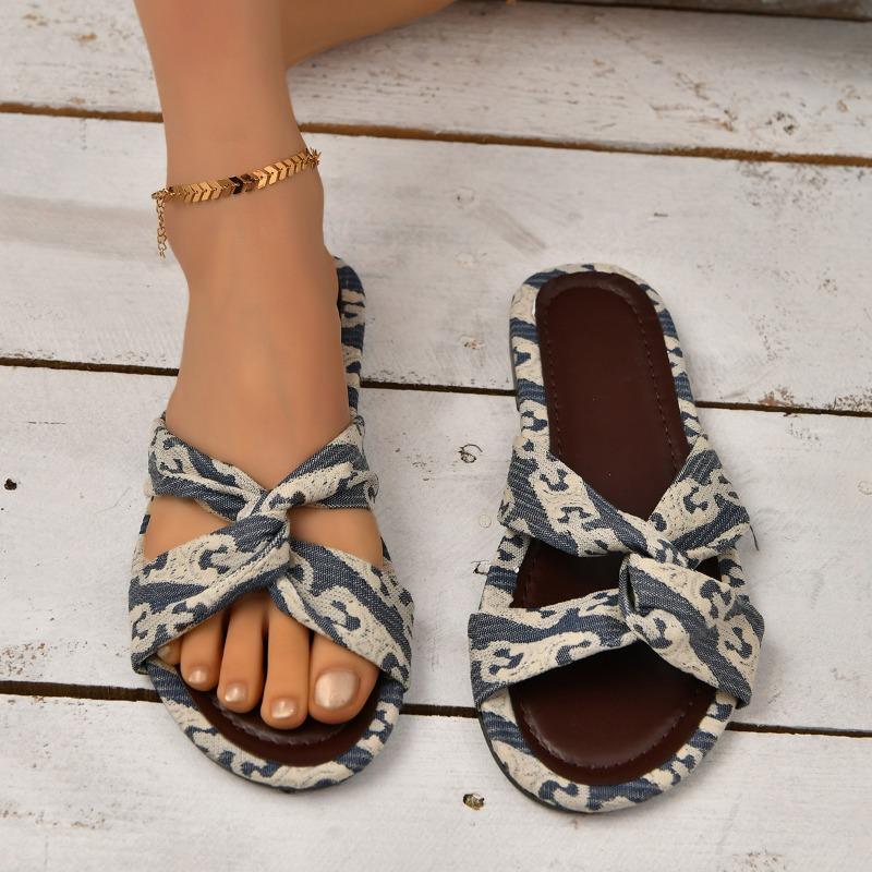 Fashion Printed Pattern Women's Flat Sandals Open Toe Beach Slippers 2024 Summer New One-line Buckle Casual Slippers Shoes for Women