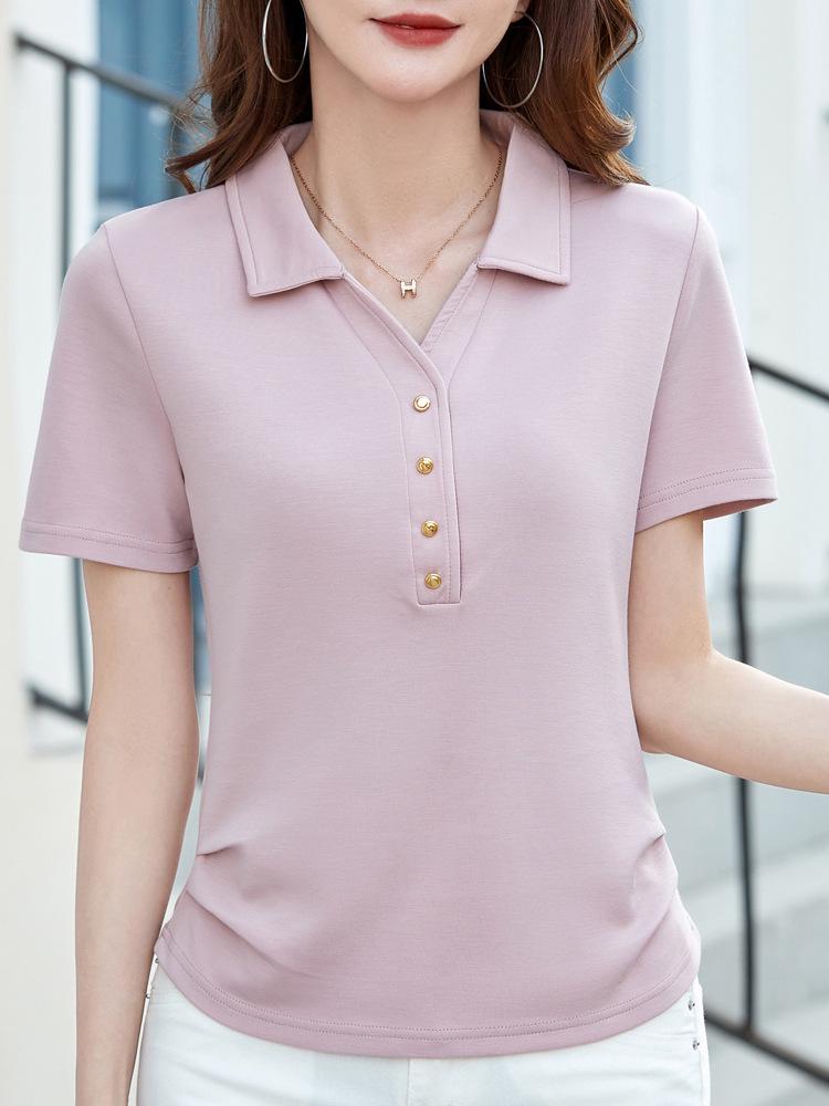 2025 Summer Women's Polo Neck Short Sleeve Korean Style Casual Solid Color Top