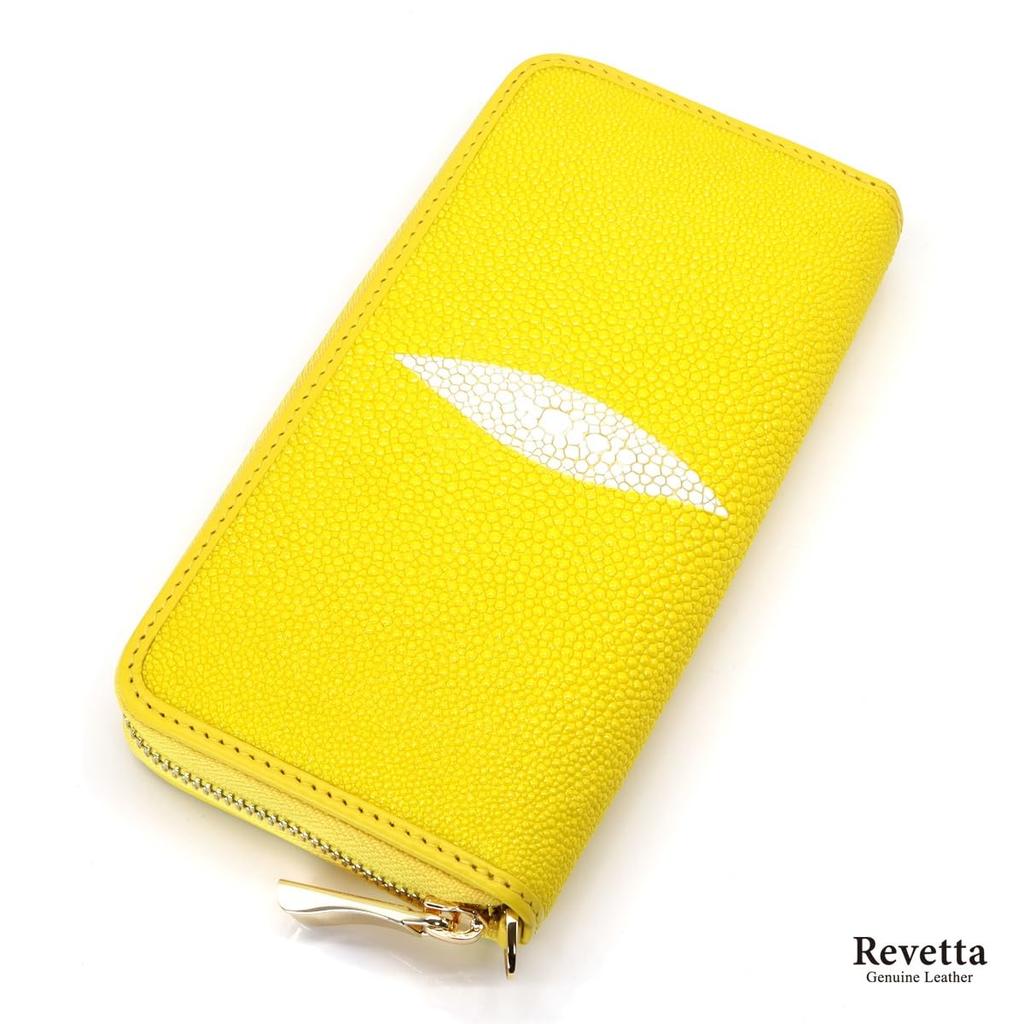 [Revetta] Stingray Leather Long Wallet, Yellow, Caviar Pearl Finish, Round Zipper, Genuine Leather, Women's, with Strap [233stw-2]