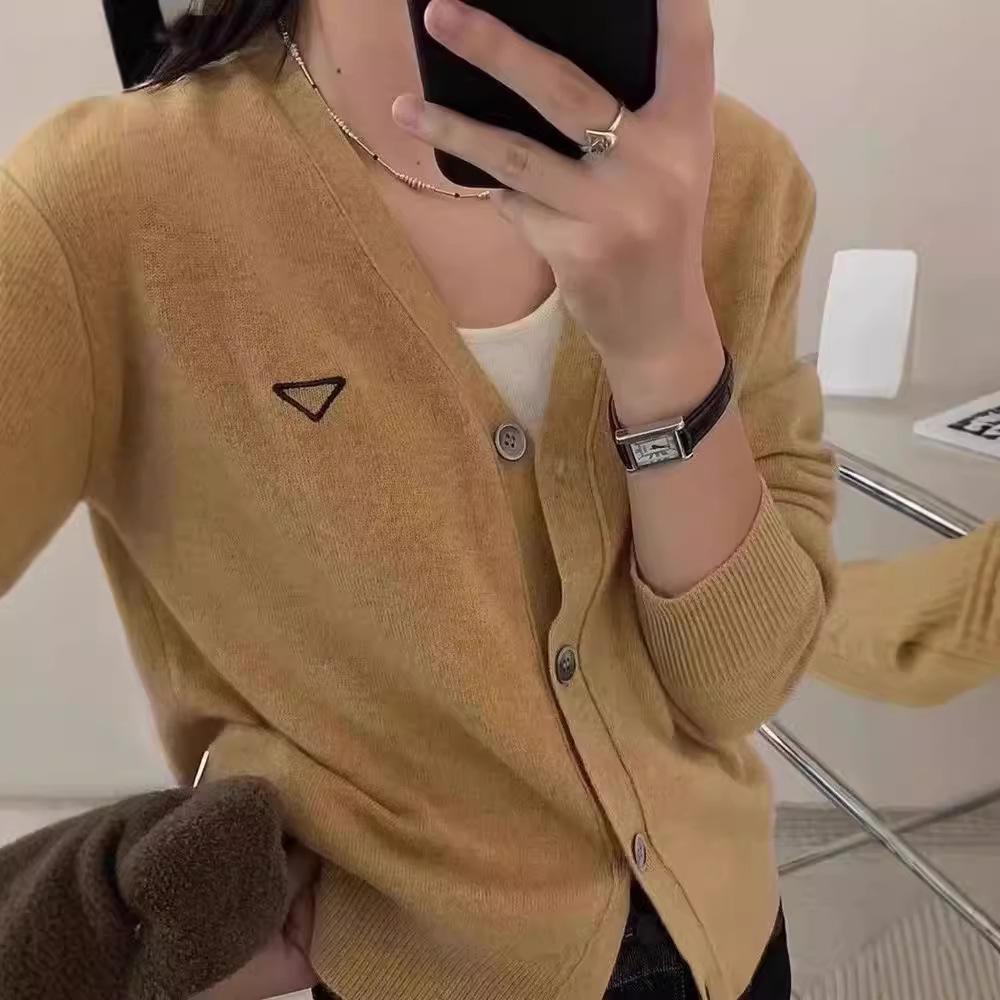European V-Neck 100% Wool Knit Cardigan - Women's Autumn/Winter Embroidered Long Sleeve Sweater