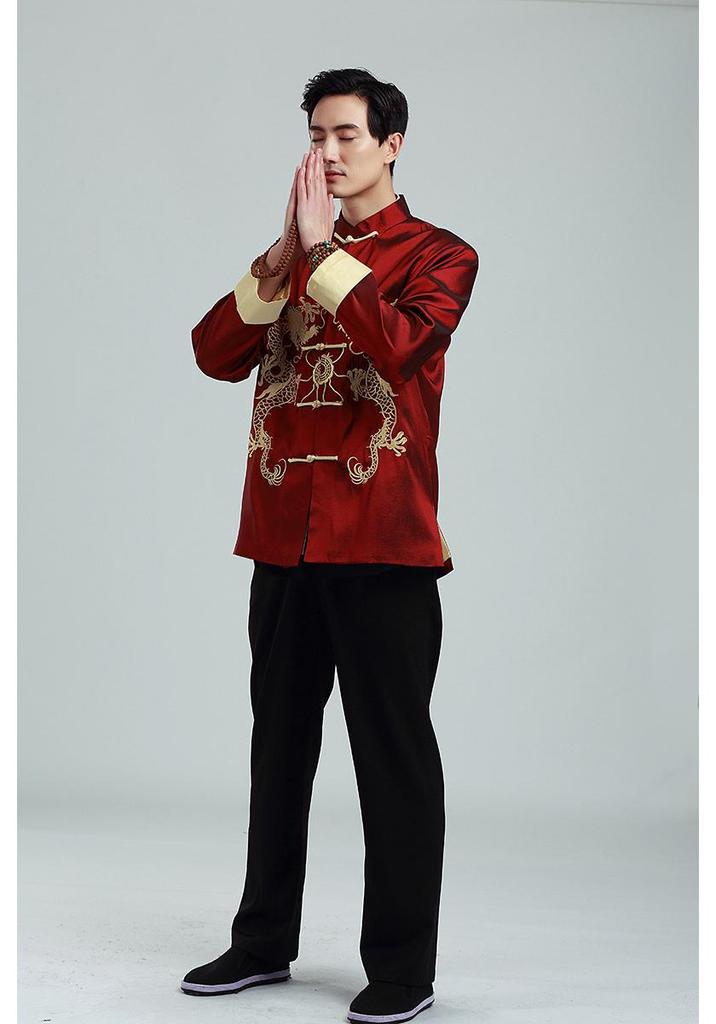 Embroidered Gold Double Dragon Tang Suit Men's Long-Sleeve Stand-Collar Outerwear