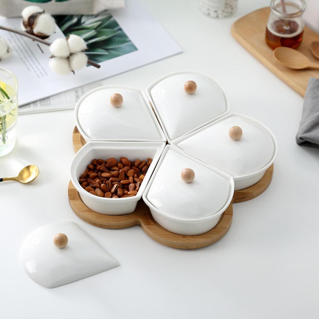 Ceramic Divided Serving Dishes with Lid Relish Tray for Home Kitchen Chips Rotation