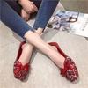 2025 spring new wedding shoes toasting shoes Korean version sequined red four-season single shoes square head large size women's shoes flat shoes