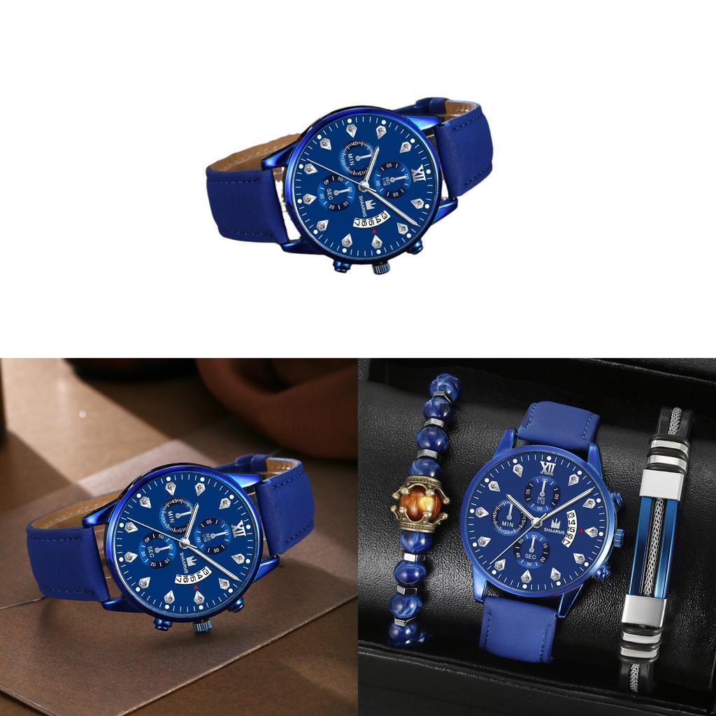 Classic Quartz Watch And Beaded Bracelet Set For Men With Decorative Elements