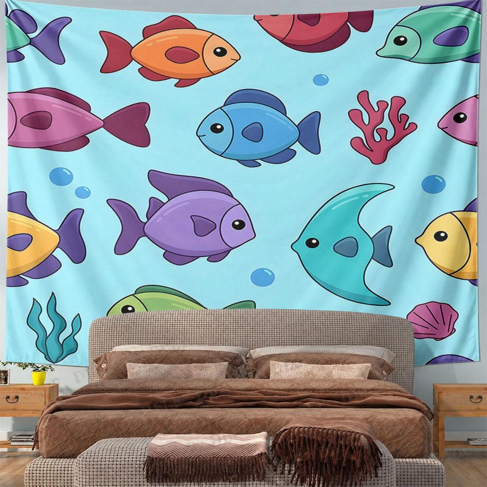 Colorful Cartoon Fish and Ocean Pattern Pattern Wall Hanging Tapestry Decorative Tapestry Home Decor for Bedroom and Living Room