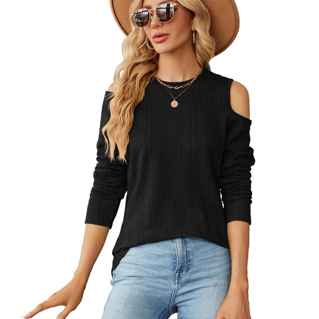 Women's Off Shoulder Loose Long Sleeve T-shirt, Casual Crewneck Top, Fall Winter Fashion for Europe America Cross Border
