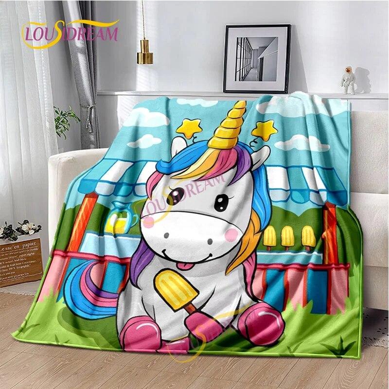 Einhorn-Cartoon, waschbare Decke, Nickerchendecke für Kinder, vier Jahreszeiten, Sofa, Bett, warme Decke, anpassbar, personalisiertes Geschenk.