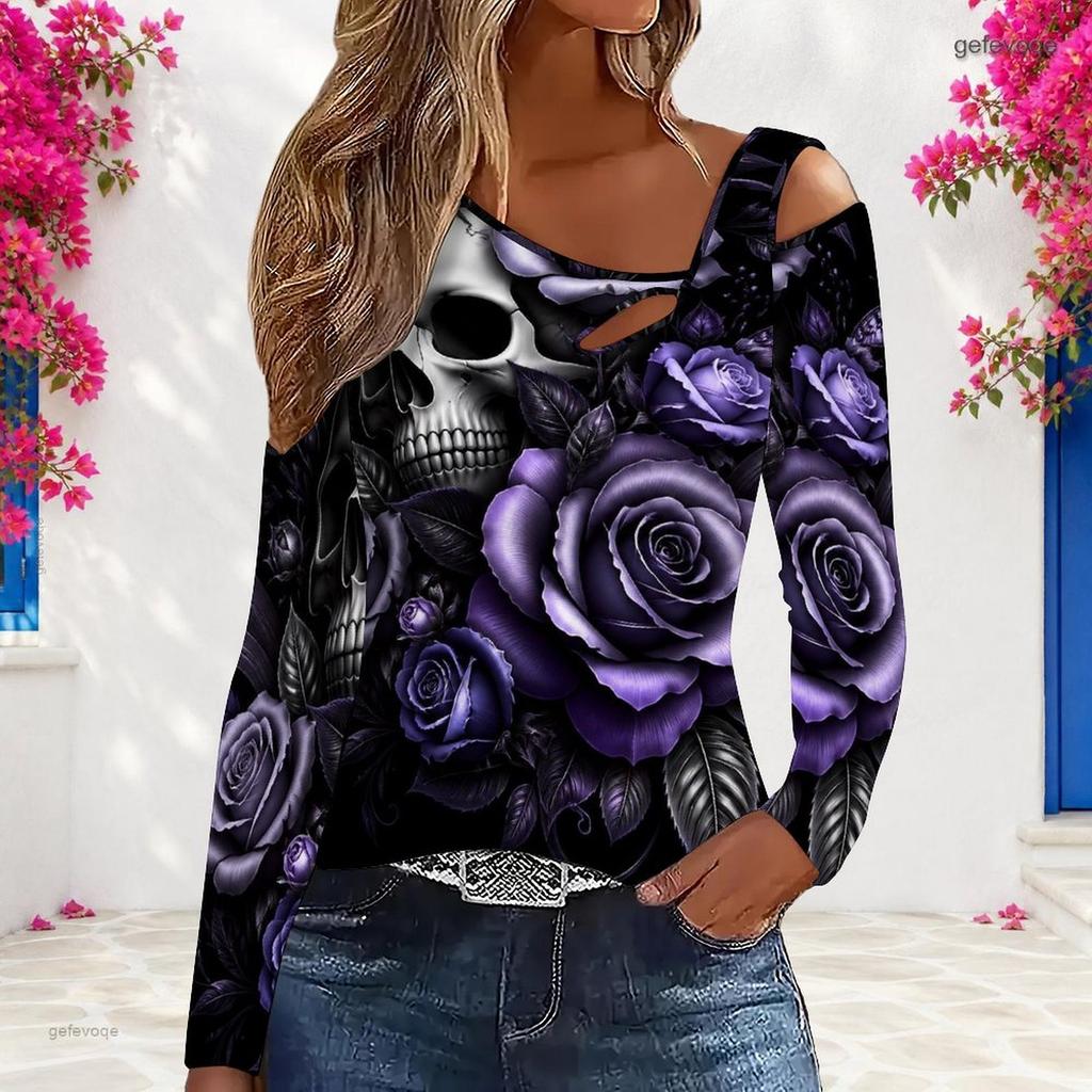 Women Plus Size Asymmetric Cutout Neck Cold Shoulder Fitted Long Sleeve Top Fire Motorcycle Printed Orange Black