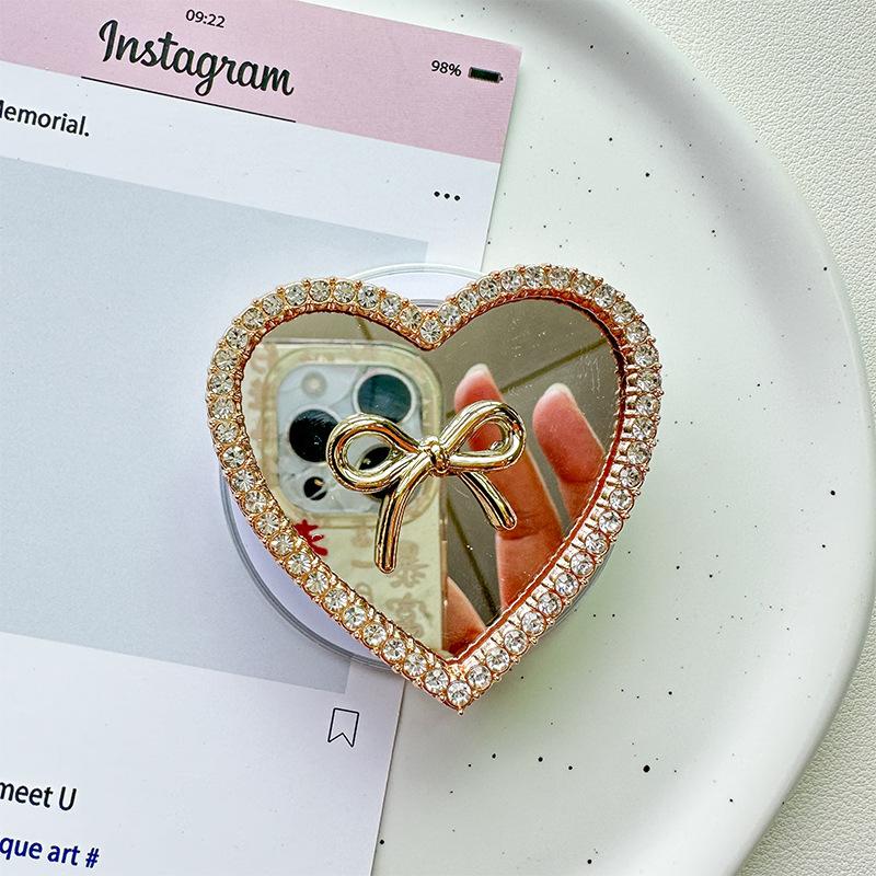 

Rhinestone Bow Love Round Flower Mirror Mobile Phone Airbag Holder Magnetic Retractable Desktop Support Holder