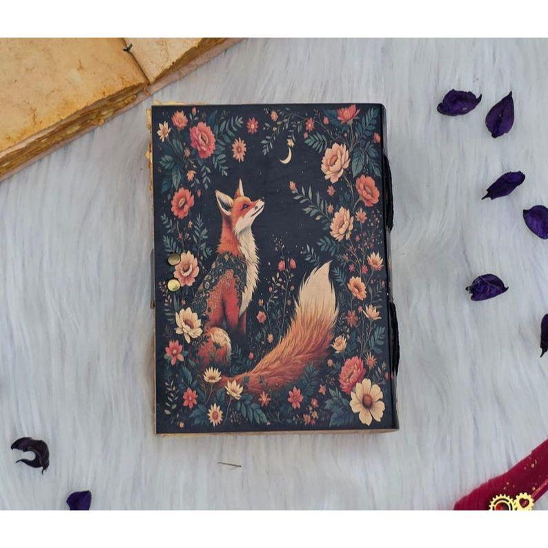 Fox & Moon Floral Lock Journal | Vintage Handmade Writing Notebook | Leather Bound Sketchbook with Lock