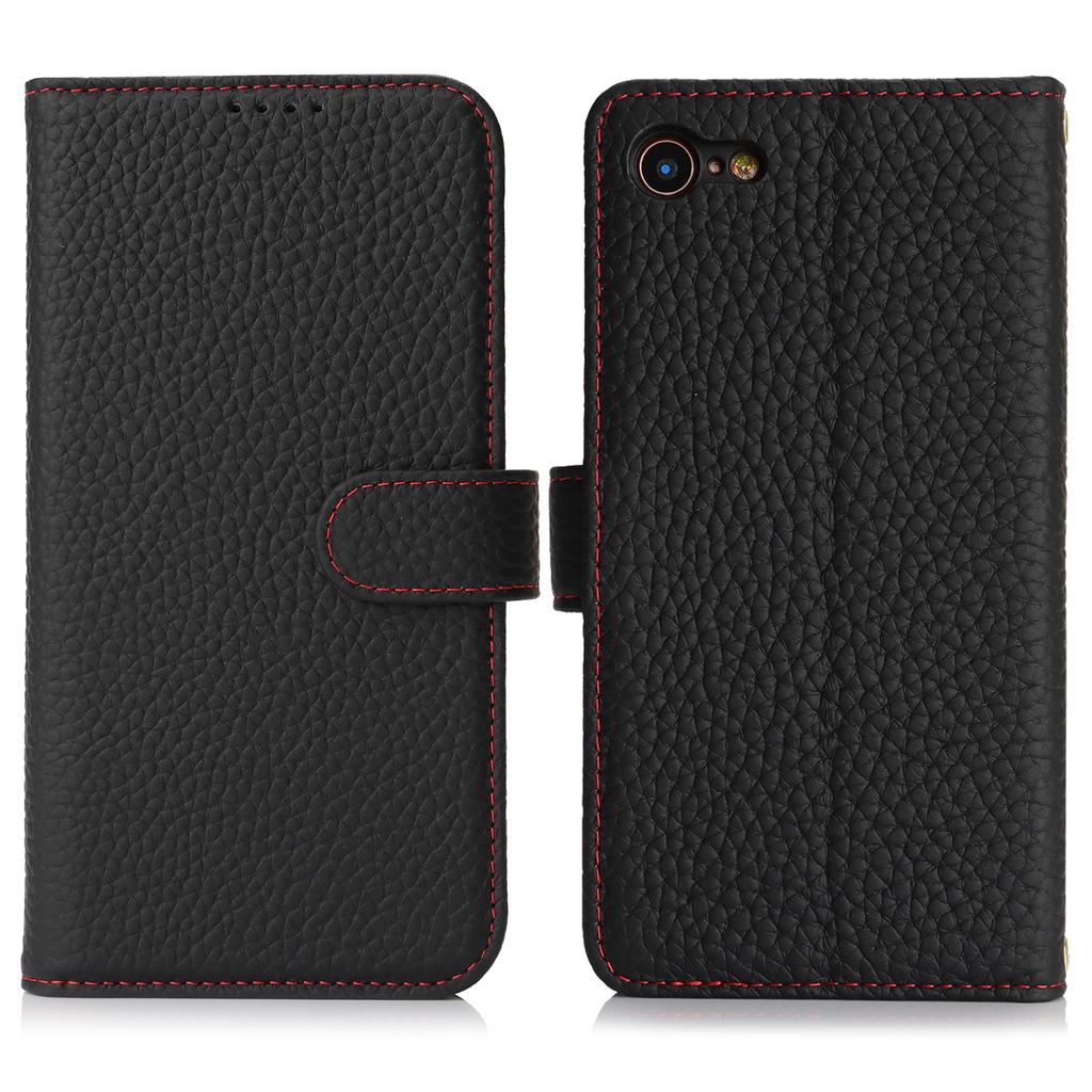 For iPhone SE (2022)/(2020)/8/7 Stand Case Litchi Texture Genuine Cow Leather Wallet Phone Cover RFID Blocking