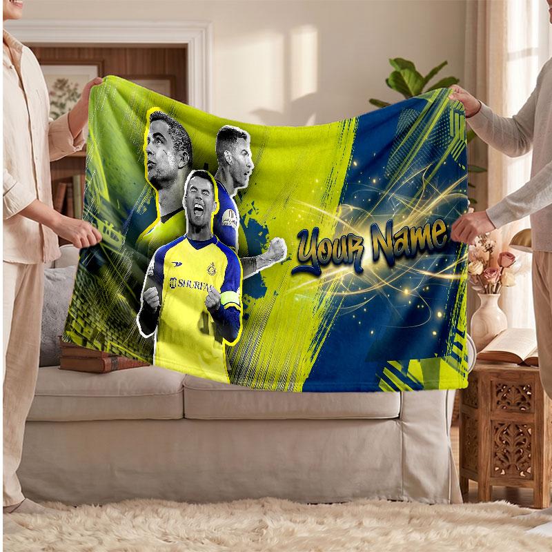 Coperta Personalizzata in Pile Cristiano Ronaldo con Logo Calcio, Testo Nome Personalizzato Morbida Calda Coperta da Divano per la Casa