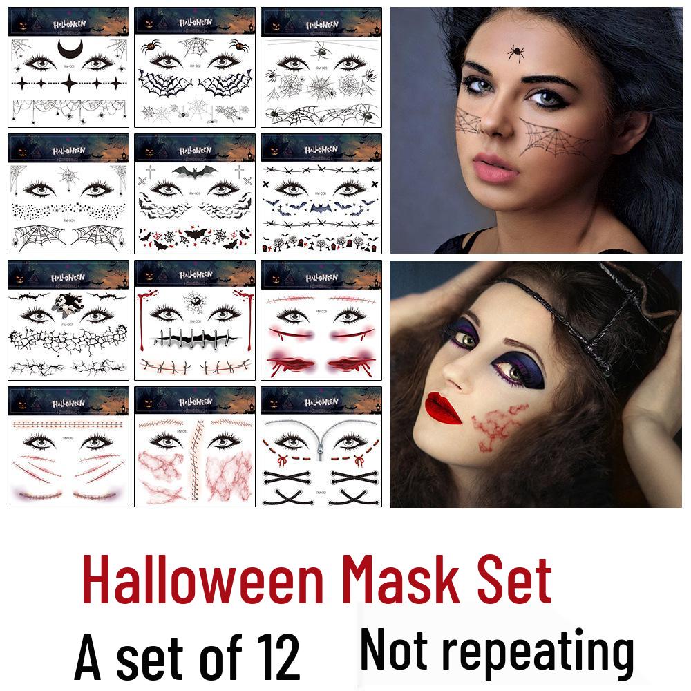 Day of the Dead & Halloween Face Tattoo Stickers: Flowers, Spider, Scars for Party Makeup 158x158 mm
