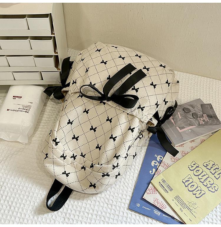 Women's Large Capacity Corduroy Backpack - Stylish, Lightweight, Casual School Bag with Bow for Junior High Students