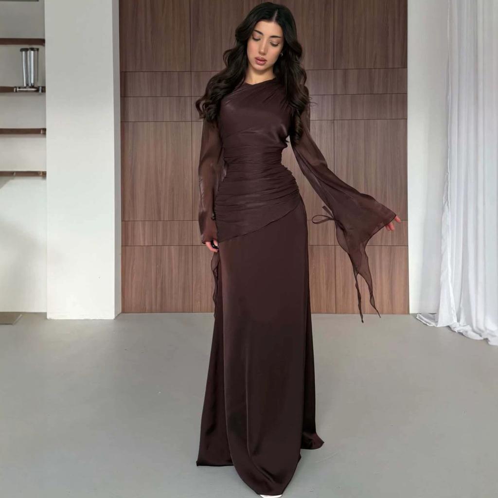  autumn new European and American Amazon cross-border round neck irregular long-sleeved top fishtail skirt set