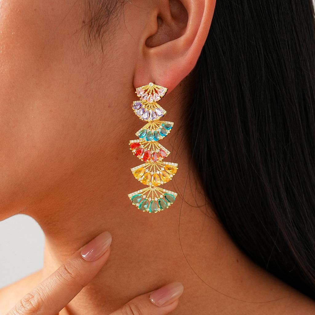 Wind zircon geometric fan-shaped colored silver needle earrings retro court style exquisite earrings