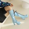 Plus Size Glossy Patent Leather Cross Lace Up Zipper With Plush Lining Women's Knee Length Boots Extra High Thick Heels Boots