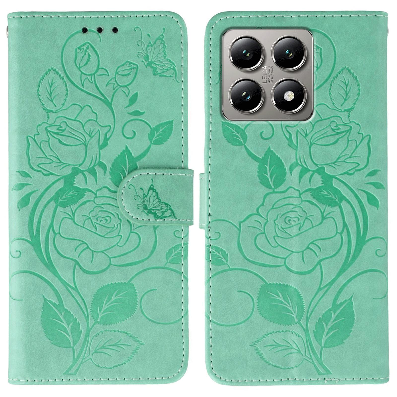 

For Xiaomi 14T Pro Case Wallet Stand Imprinted Rose Butterfly PU Leather Phone Cover Green