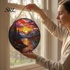 Wall Hanging Landscape Art Stained Glass Style Suncatcher, Mountain Sunset Window Ornament, Colorful Sunrise Decor Sun Catcher for Home Garden,