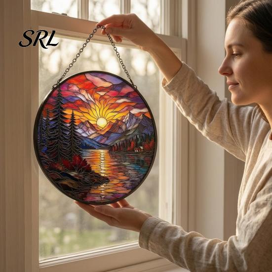 Wall Hanging Landscape Art Stained Glass Style Suncatcher, Mountain Sunset Window Ornament, Colorful Sunrise Decor Sun Catcher for Home Garden,
