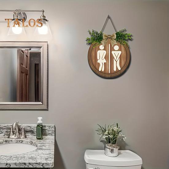 Wooden Toilet Sign Artificial Green Leaves Wall Decor Bathroom Sign Gender Tags Rustic Bathroom Sign with Lanyard for Home Cafe Restaurant Bar