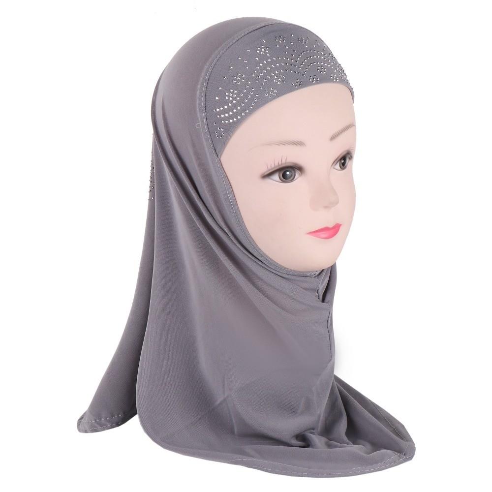 Beautiful Cute Girl Rhinestones Hijab Simple Flower Head Wrap Polyester Easy Pull-On Pray Hat Children