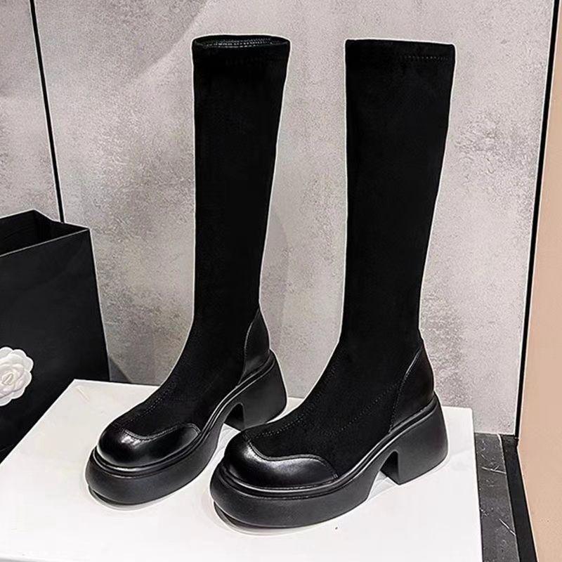 (Leather) 2025 new platform boots boots women's elastic and thin knee short boots thick heel medium boots