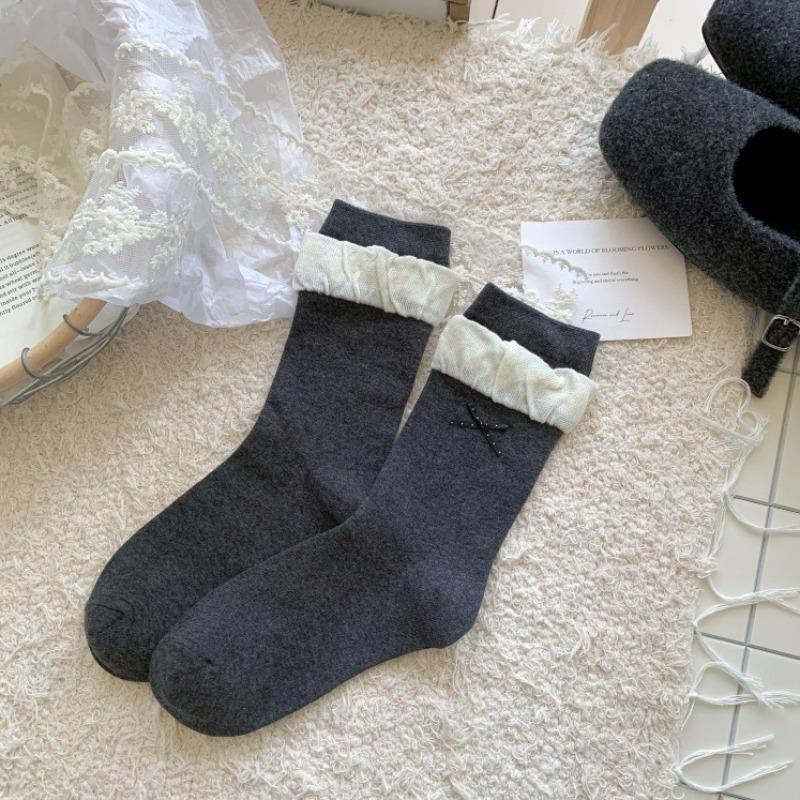 Autumn Polka Dot Bow Mid-calf Socks for Women, Sweet Bubble Mouth Lace Pile Cotton Socks