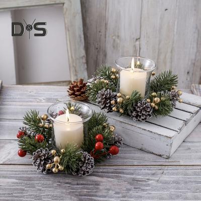 Christmas Candle Ring Artificial Pine Needle Pinecone Berries Garland Rustic Festive Candle Wreath for Home Table Centerpiece Decor
