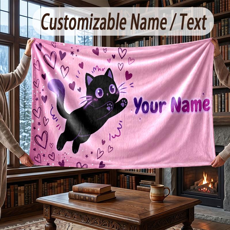 Cat Theme Throw Blanket Custom Name Text Personalized Blanket Soft Cozy Blanket for Home Sofa Bed