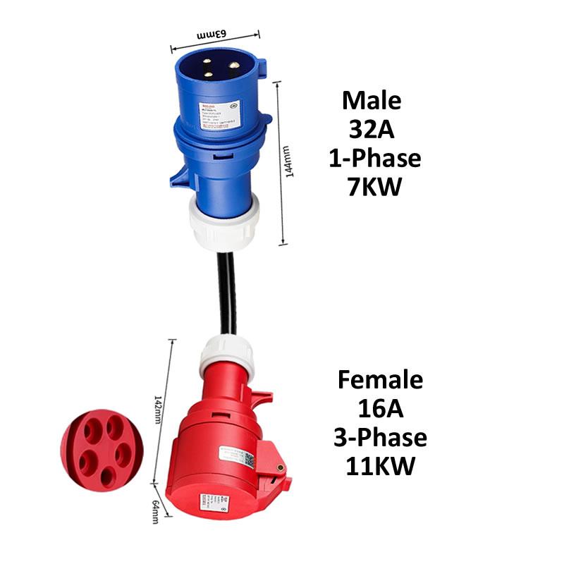 Electric Vehicle Charging Adapter Male 32A Blue 1-Phase 7KW CEE Plug To Femal 16A/32A Red 3-Phase / Blue 16A 1-phase Socket