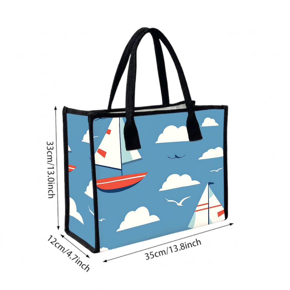 Cute Sailboat Cloud Pattern Tote Bag Fashion Casual Large Capacity Daily Use Shopping Shoulder Handbag for Women