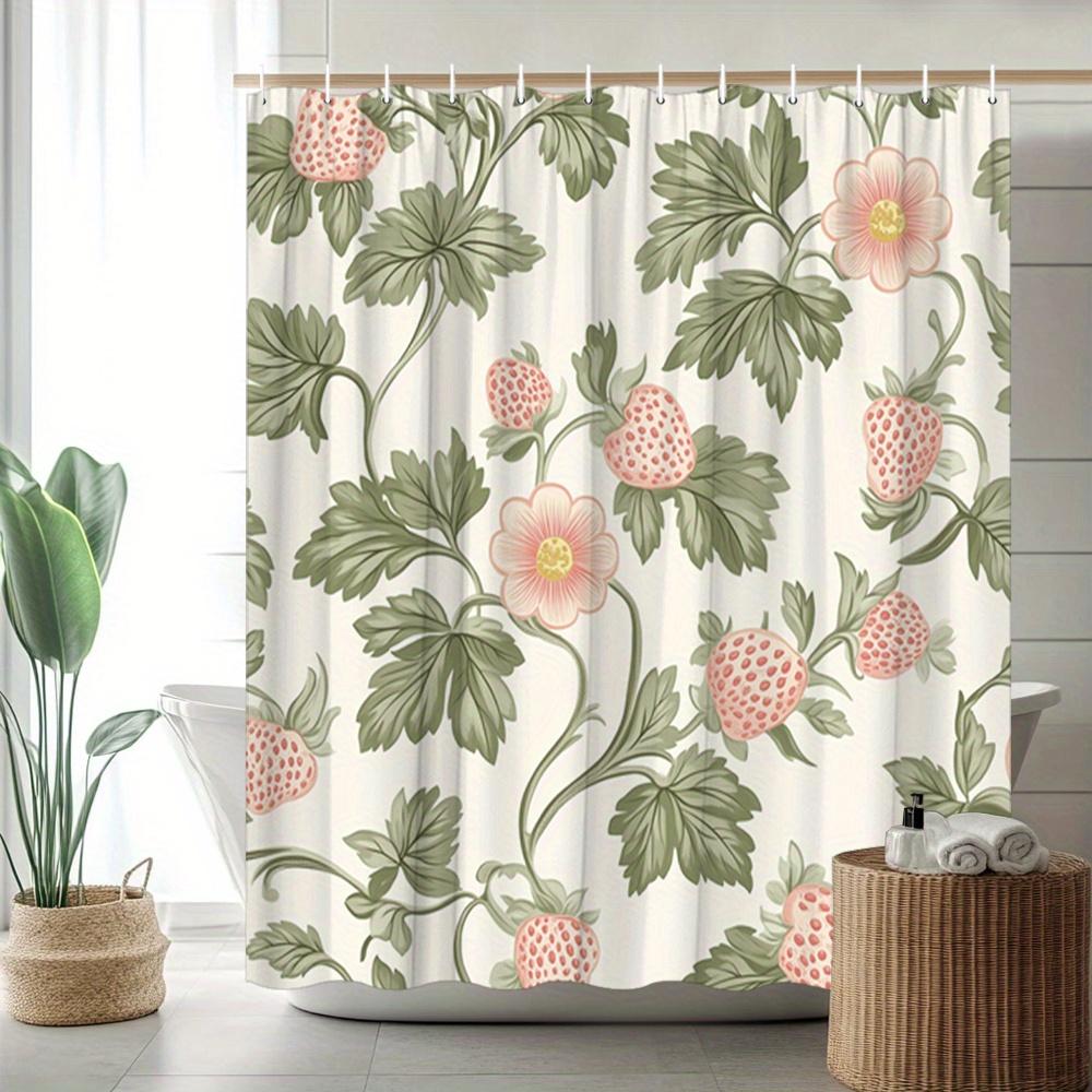 Strawberry Flower Garden Shower Curtain Machine Washable All Season Waterproof Privacy Protection Cute Design Country Style