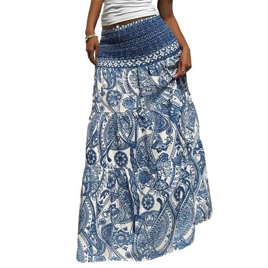 Maxi Skirt Pleated High Waist Printing A-Line Long Skirt Ruffle Splicing Design Leisure Vacation Women Skirt Daily Wear