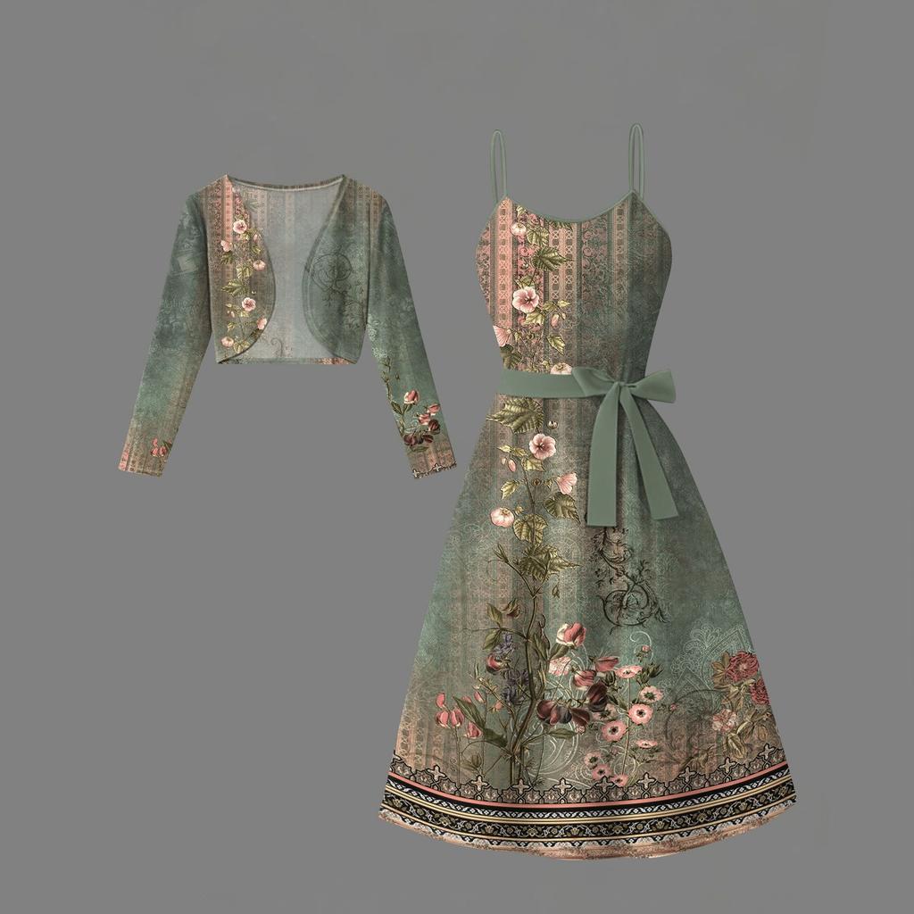 Women's  Fashionable And Casual Long-sleeved Short Cardigan Top + Belt + Strappy Dress Set