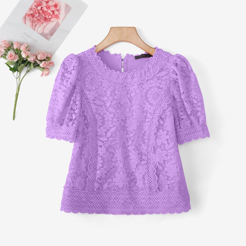 

ZANZEA Женская повседневная блузка с круглым вырезом и коротким рукавом в стиле пэчворк из кружева 5XL фиолетовый
