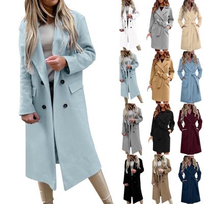 Damen-Flanell-Jackenmäntel aus Wolle mit schmaler Passform, Gürtel und Revers, Wolltaschen, Shacket