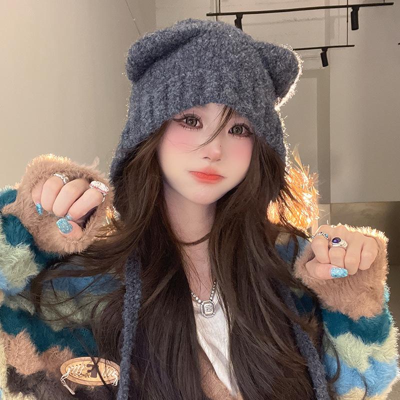 

Plush hat female bear warm ear hat cold-proof cute big head circumference wool hat M（56-58cm）
