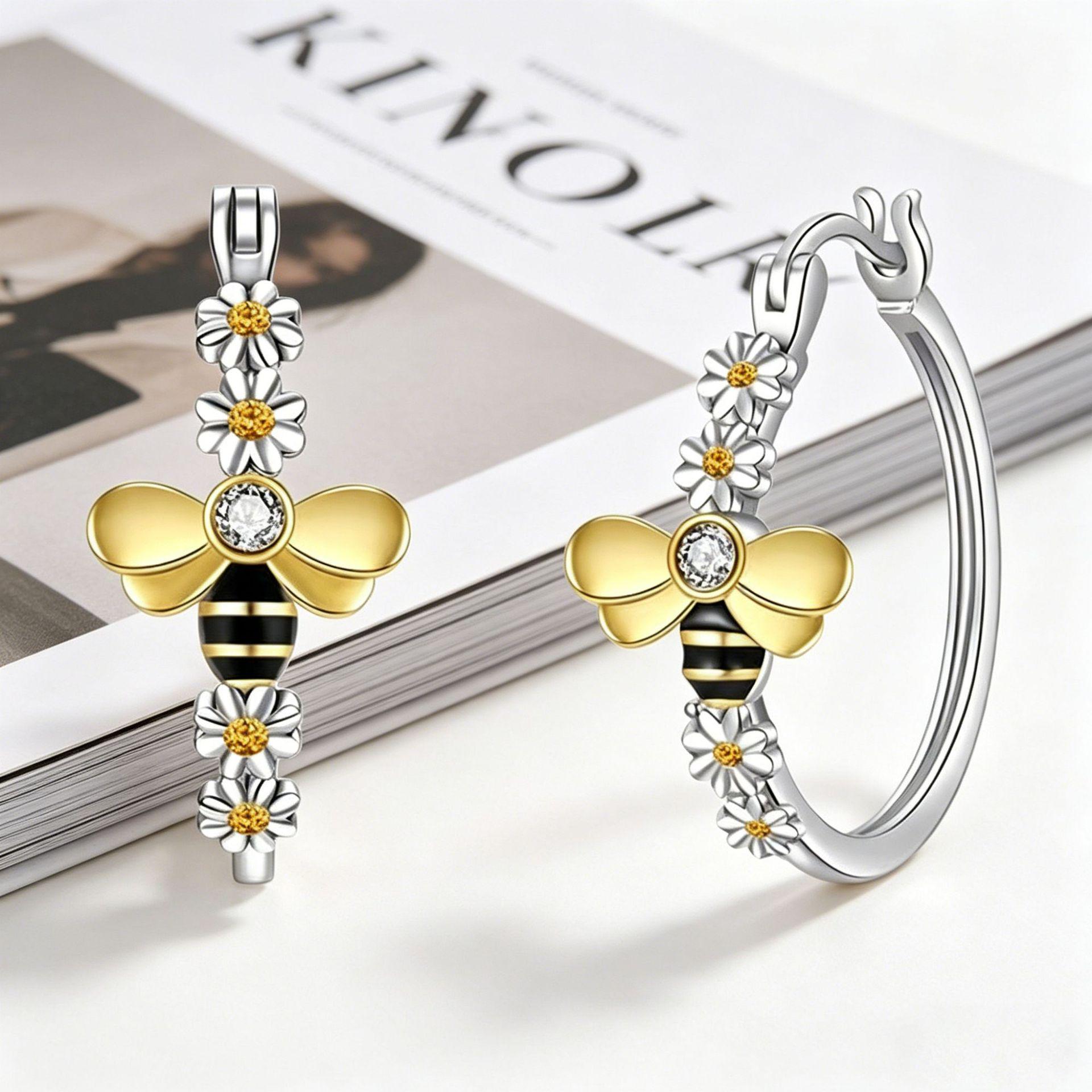 Yanbai Elegant Daisy Flower Wreath Earrings with Bee Design, Two-Tone Gold and Silver Pastoral Style
